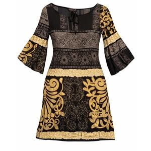 Hale Bob Silk Blend Baroque Print Bell Sleeve Shift Dress - Size Small